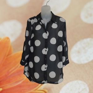 Unique Spectrum Black Sheer Blouse ButtonUp Shirt White Polka-Dots Medium